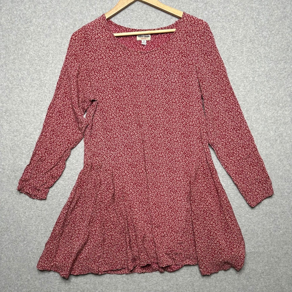 Vintage 90s Guess Jeans Red Floral Ditsy Rayon Babydoll Mini Dress Long Sleeve M